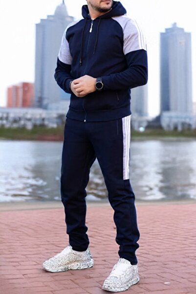 EXCLUSIVE STYLE Men's cotton tracksuit - Half DG Navy / Light grey