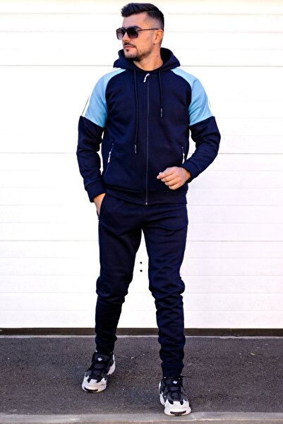 EXCLUSIVE STYLE Men's navy/light blue cotton tracksuit with white stripes - HALF DG