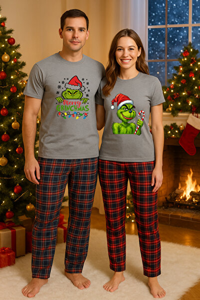 MVRDAR Pijamale cuplu - set Craciun in doi Grinch cu tricou si pantaloni de p...