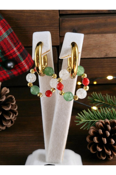 Home New Year Natural Stone Lucky Steel Hoop Earrings