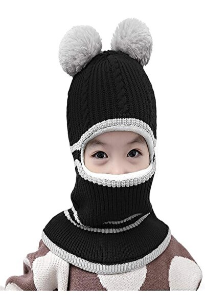 Generic Children's winter hat, lined with fleece, small size, with double pom-pom ears, knitted for winter, for boys