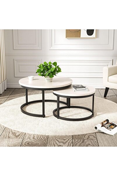 Miskat Trading 2-Piece Round Side Table Set, Wooden Coffee Tables with Metal ...