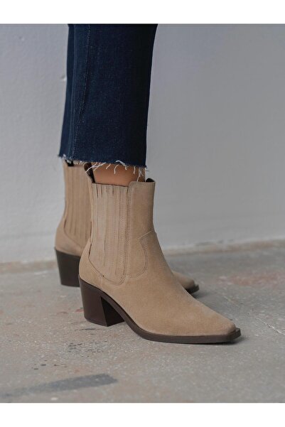 ECENİN BUTİĞİ Rudyy Bej Süet Hakiki Deri Kadın Çizme