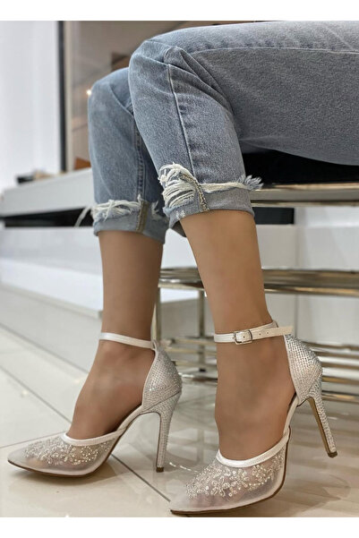 apelles Shoes Baby White Bead and Stone Embroidered Tulle Detail Heel Embellished Heeled Shoes