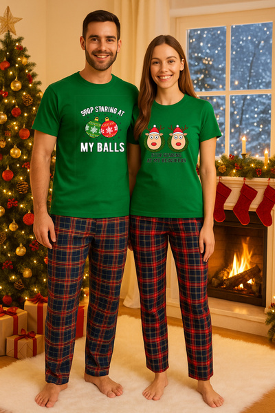 MVRDAR Pijamale cuplu - set Craciun in doi Grinch cu tricou si pantaloni de p...