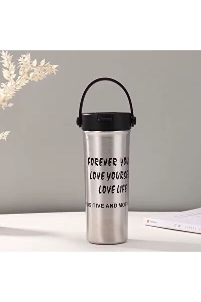 OEM Stainless Steel Thermos Bottle with Motivational Message, Lid with Handle, Reusable, Silver