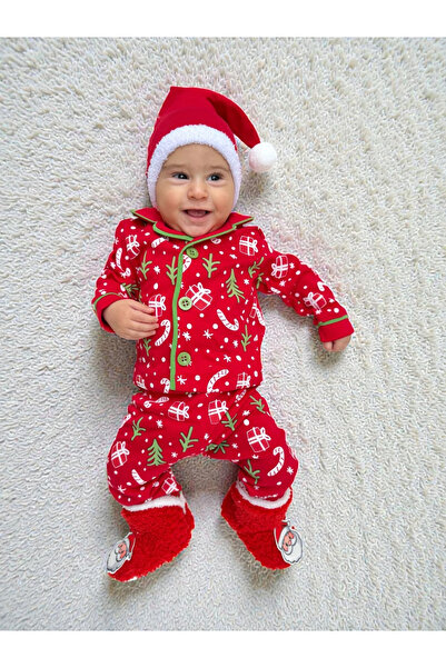 Minizade Peter Pan collar New Year Themed 100% Cotton Pompom Hat and Slippers Set of 4