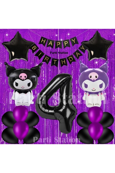 Parti Station Kuromi Concept 4Th Birthday Balloon Set with Purple Curtain and...