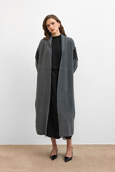 Ranasubaşı Shoulder Embroidered Long Cardigan Anthracite