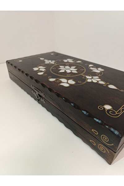 Mess Mother of Pearl Inlaid Filigree Embroidered Handcrafted Medium Size Wooden Backgammon - Dark Color (20X40 cm)