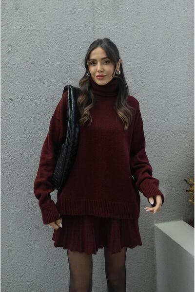 GALAVİP Women's Premium Soft Textured Pleated Mini Skirt Fisherman Sweater Bottom Top Knitwear Set