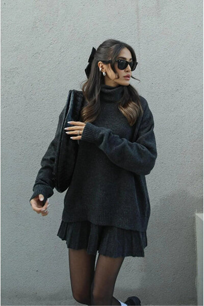 GALAVİP Women's Premium Soft Textured Pleated Mini Skirt Fisherman Sweater Bottom Top Knitwear Set