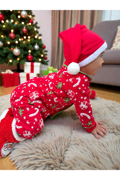 Minizade Peter Pan collar New Year Themed 100% Cotton Pompom Hat and Slippers Set of 4