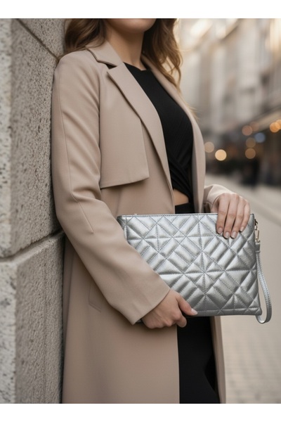 Bagfoni Grafina Silver Shiny Geometric Patterned Portfolio Clutch Handbag 25X19 cm