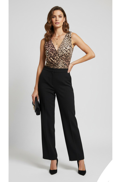 MAXLEVEL MODA Leopard Pattern Double-Breasted Necklined Women's Bodysuit Bluz