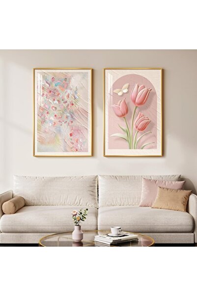 ALAYRA International مجموعة من طبعتين تجريديتين من فن الحائط بنقشة زهور التول...