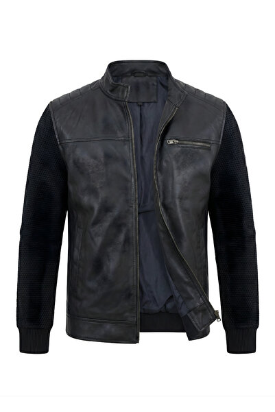 ixir Steel Knitted Sleeve, Chest Zippered Men's Leather Coat Black