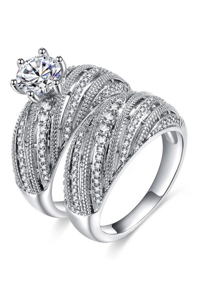 BirYıldızOl 925 Ayar Gümüş Zirkon Taşlı Yarım Tur Alyans Tektaş Gümüş Yüzük Seti