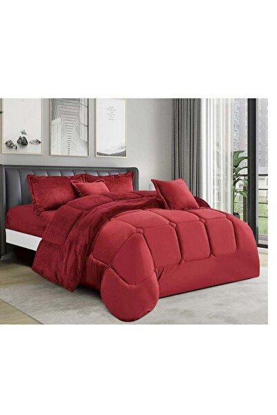 MİNG Lİ Royal 6-Piece King Bedspread Set, Reversible Velvet & Faux Fur, 220x240 cm, Red