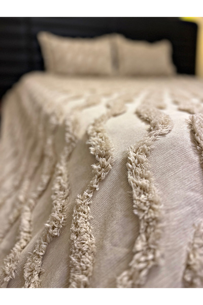 PEREN HOME Premium Kalite Püsküllü Çift Kişilik Yatak Örtüsü 250x250 2 Yastık Kılıfı Bej