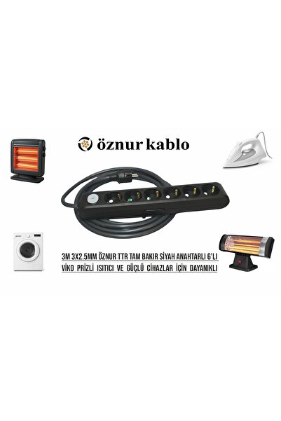 aryes 6’lı Anahtarlı Uzatma Kablosu 3 Metre • 3x2.5mm² Tam Bakır • Öznur Kabl...