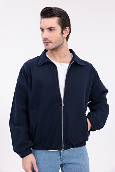 Firststops Men's Navy Blue Gabardine Fabric Zippered Oversized Transitional Jacket