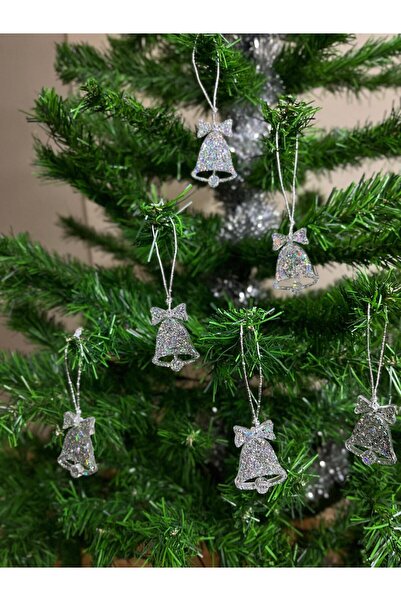 masal butikk Gümüş Simli Epoksi Çan Yılbaşı Süsü-6'lı