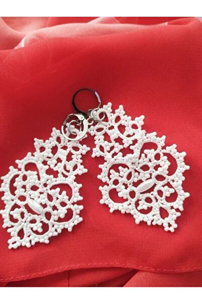 Ileanabiju Cercei lucrati cu suveicuta , cercei albi din dantela frivolite, cercei pentru mireasa
