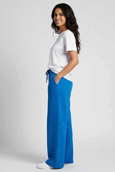 Superlife Women's Wrinkled Fabric Wide Leg Pants – Comfortable Fit – Blue