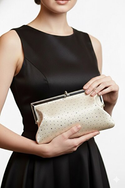 mossi Women's Metal Framed Stone Detailed Chain Evening Dress Clutch Bag