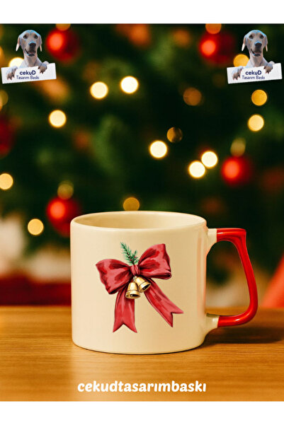 cekud tasarım baskı Kırmızı Kulp İçi Beyaz Yılbaşı Temalı Seramik Kupa – Özel...
