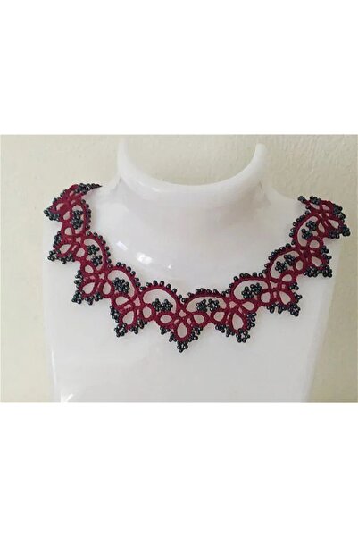 Ileanabiju Colier vișiniu cu gri la baza gatului din dantela frivolite, colie...