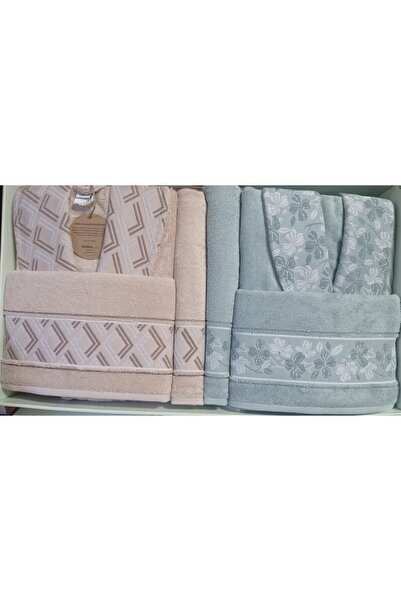 Özdilek Fiore Line Bej Yeşil Bambu Aile Bornoz Seti Bornoz