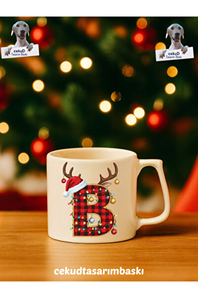 cekuDtasarim Beyaz Kulp Yılbaşı Temalı Seramik Kupa – Özel Tasarım Hediyelik (B Harfi)