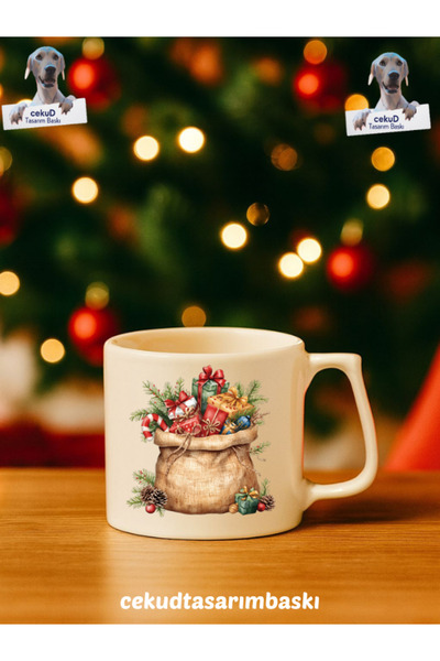 cekud tasarım baskı Beyaz Kulp Yılbaşı Temalı Seramik Kupa – Özel Tasarım Hed...