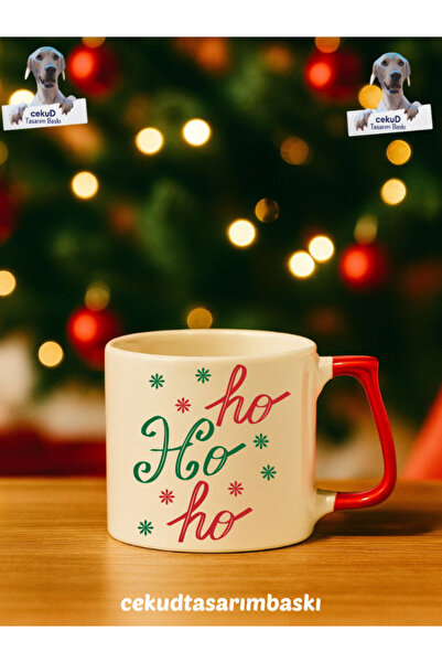 cekud tasarım baskı Kırmızı Kulp İçi Beyaz Yılbaşı Temalı Seramik Kupa – Özel...