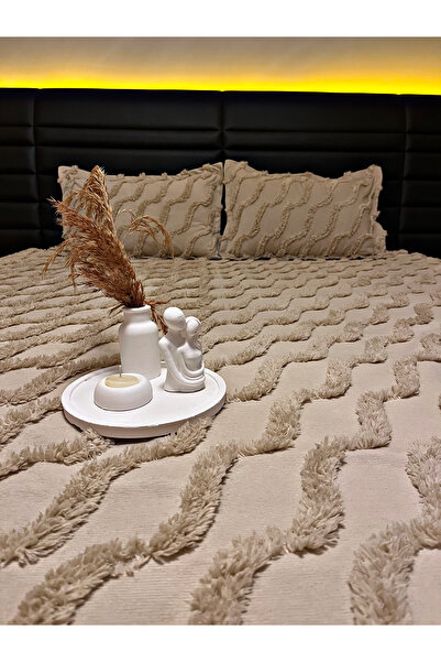 PEREN HOME Premium Kalite Püsküllü Çift Kişilik Yatak Örtüsü 250x250 2 Yastık Kılıfı Bej