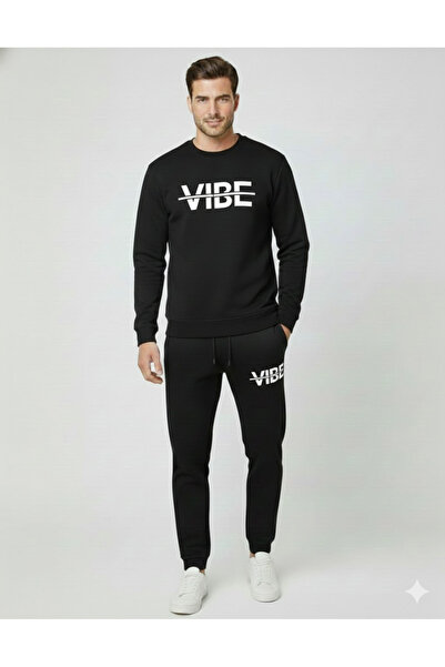 LiyAdaCo Unisex Vibe Printed Black Crew Neck Bottom Top Tracksuit Set