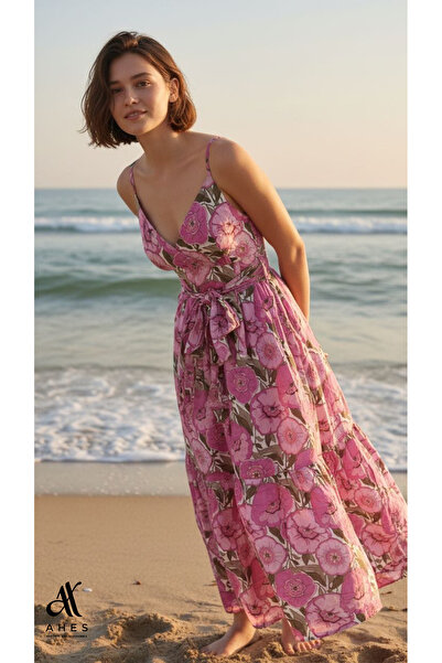 AHES KADIN ÇİÇEK DESENLİ PİLELİ ELBİSE