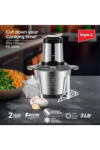 İMPEX 3L Food Chopper FC 3206 SS Copper Motor 400W 6Pcs Steel 3-Speed with Garlic Peeler & Eggbeater