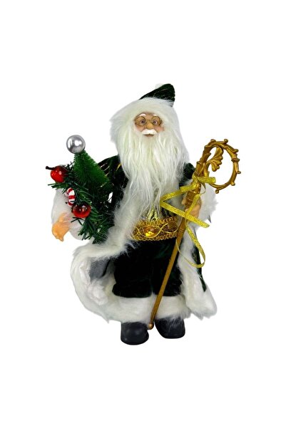 velve Santa Claus decoration, with fir tree and golden staff, 35 cm, Green