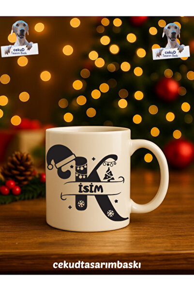 cekud tasarım baskı İsme Özel Harfli Seramik Beyaz Kupa Bardak (K Harfi)