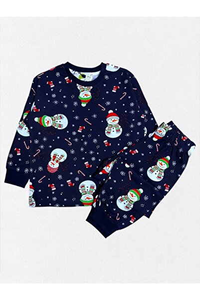 Pajama Shop Set de pijamale cu mânecă lungă pentru fetiță, bumbac 100% piese, bumbac moale țesături, albastru bleumarin, model Om de zăpadă de Anul Nou