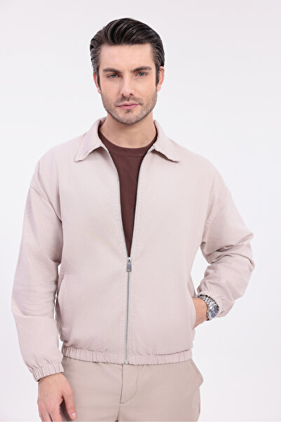 Firststops Men's Beige Gabardine Fabric Zippered Oversized Transitional Jacket
