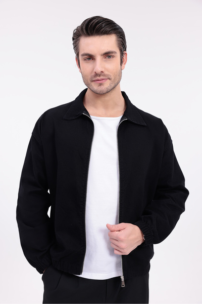 Firststops سترة رجالية من قماش الغبردين باللون الأسود بسحاب قصة فضفاضة موسمي