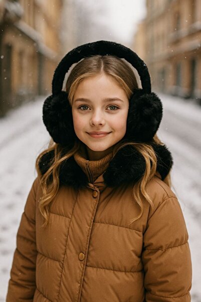 Genel Markalar Siyah Yumuşak Dokulu Peluş Kız Çocuk Kulaklık 8-14 Yaş