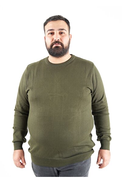 TURHAN TRİKO Large Size Khaki Color Crew Neck Men's Sweater