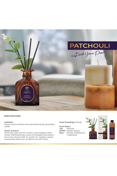 Ultra Compact Set Odorizant de Cameră Premium cu Bețișoare – Patchouli, Difuz...