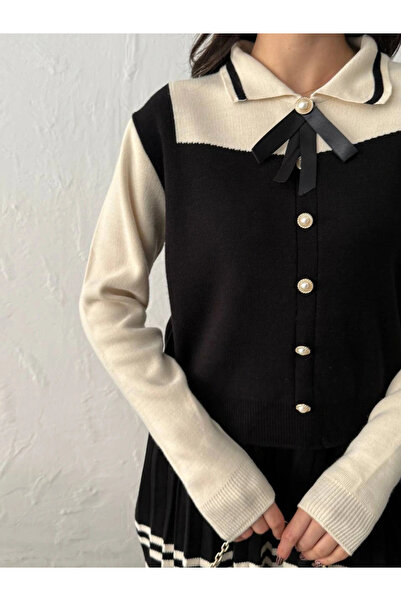 Lusin Women's Black Stylish Rose Bow Detailed Blouse Skirt Two-Piece Knitwear Set