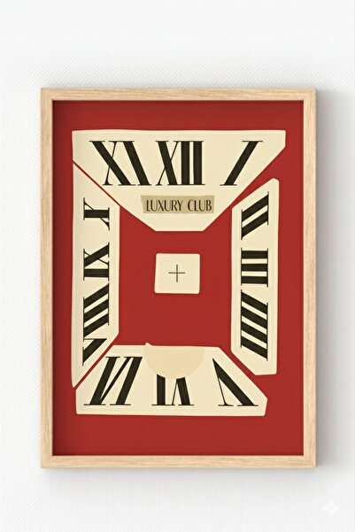 MIOVI Ahşap Çerçeveli “Luxury Club Clock” Poster – Kırmızı & Krem Roman Rakam...